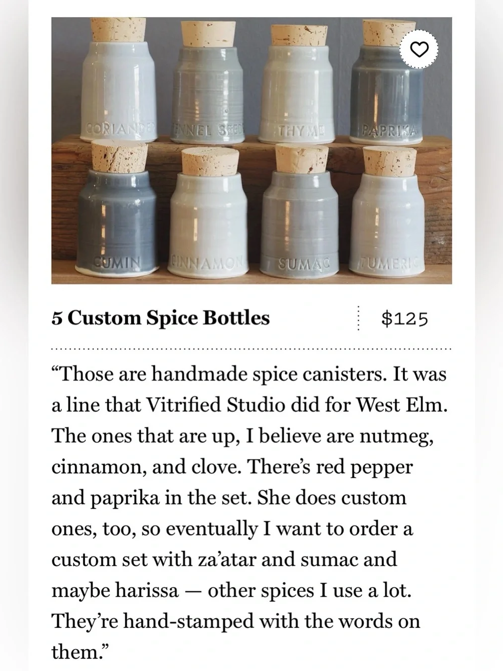 Vitrified Studio West Elm spice Set 7 Cin. Nut. Ging. Turm. Curry Cork Salt Pep